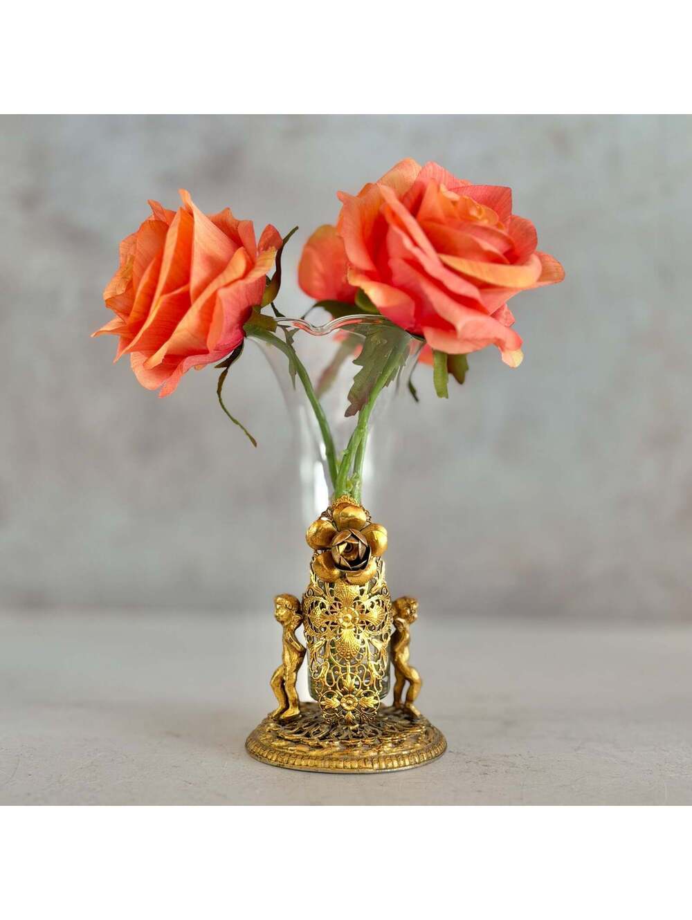 Vintage Hollywood Regency Gilt Filigree Bud Vase | Cherubs, Rose, Glass Flute